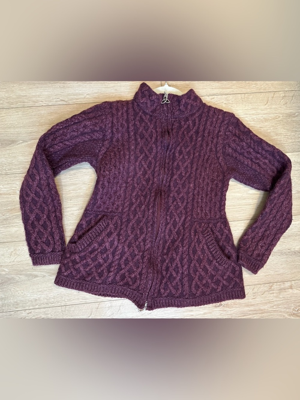 Aran Crafts %100 Merino Wool Cable-Knit Full Zip Purple Cardigan Sweater - Picture 2 of 7